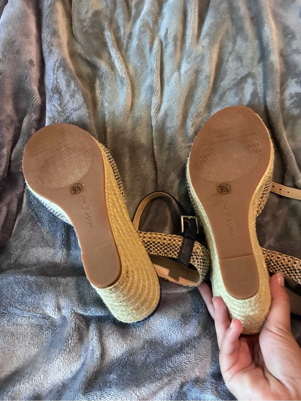 Violet & Red Micah Textured Stylish Espadrille Wedge Sandals in Navy and Tan.